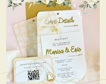 Custom Wedding Invitation Suite with Vellum Overlay, Gold metallic Invitations, QR Code RSVP Card, Modern Romantic Wedding Invite Set