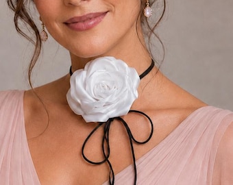 White Satin Rose Choker, Handmade Bridal Flower Necklace, Romantic Wedding Neck Accessory