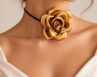 Champagne Gold Satin Rose Choker, Elegant Floral Choker Necklace, Statement Flower Necklace with Black Suede Tie