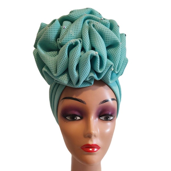 Green women turban luxury rhinestone mesh pleated pretied head tie, Pretty flower shape African turban head wrap, Chemo cap, Alopecia scarf