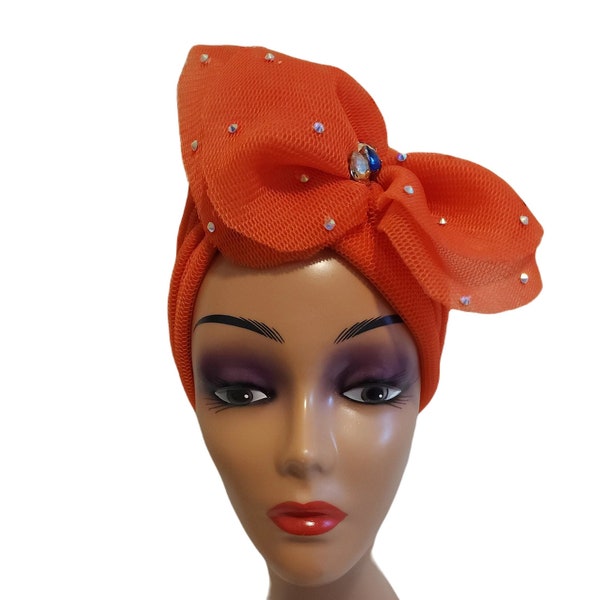 Orange flower pleated women luxury rhinestone turban pretied mesh turban head tie hat, head wrap, Chemo cap, Alopecia scarf