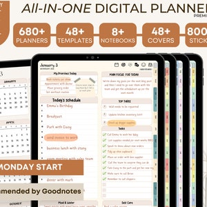 May include: Digital planner with a beige and white theme, showcasing a calendar, daily schedule, and task lists. The image highlights features like 680+ planners, 48+ templates, and 8000+ stickers. The text reads "All-in-one digital planner" and "Monday Start."