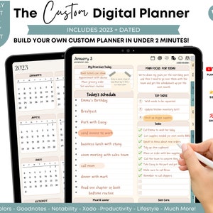 May include: A digital planner displayed on a tablet screen, featuring a 2023 calendar, daily schedule, and task lists. The interface includes sections for priorities, main focus, and meal tracking. A stylus is shown interacting with the screen.