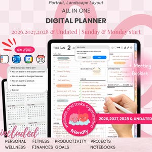 May include: A digital planner on a tablet with a stylus, featuring a calendar view and task lists. The planner includes the text "2026, 2027, 2028 & Undated" and options for personal wellness, fitness, and productivity.