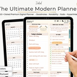 May include: A digital planner displayed on two tablet screens, featuring a 2023 calendar and a daily schedule page with sections for priorities, tasks, and meal tracking. The interface includes text labels like The Ultimate Modern Planner.