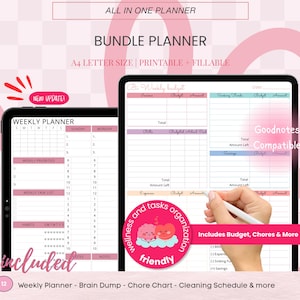 May include: A digital planner bundle featuring a weekly planner and a bi-weekly budget template on tablet screens. The text includes ALL IN ONE PLANNER, BUNDLE PLANNER, A4 LETTER SIZE, NEW UPDATE, Goodnotes Compatible, and wellness and tasks organization.
