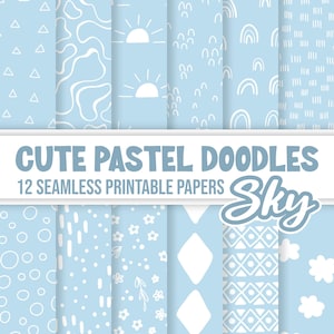 Seamless Spring Digital Paper, Bohemian Easter Paper, Doodle Paper In Pastel Blue, Minimalist Scrapbook Paper, Wallpaper And Wrapping Paper