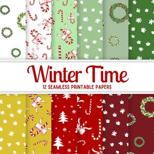 Papel sem costura para férias de inverno, conjunto de papel de Natal em tons pastéis, guirlanda de Natal e bengala de doces para a temporada alegre