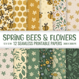 Frühlings- und Osterpapier, nahtloses Aquarellblumenpapier, bedruckbares Papier mit Bienen, Honigkämmen, Wildblumen und Blättern