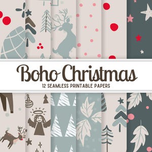 Digitale kerstpapierset, naadloze wintervakantiepapieren, boho kerstscrapbooking, boskerstherten en -bomen