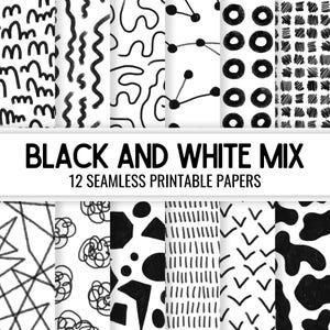 Puede incluir: Doce patrones sin costuras en blanco y negro, perfectos para scrapbooking digital, papel imprimible o proyectos de manualidades. Los patrones incluyen formas geométricas, líneas y diseños abstractos.