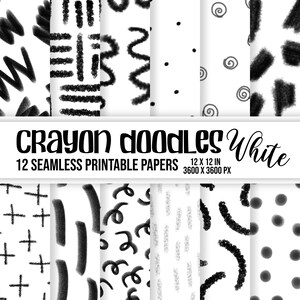 Puede incluir: Doce diseños de papel digital con garabatos de crayón negro sobre fondo blanco. Los diseños incluyen espirales, puntos, líneas y formas abstractas. Los papeles miden 30,48 cm por 30,48 cm y 3600 píxeles por 3600 píxeles.