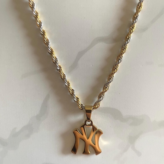 NY Yankees Gold Pendant Necklace, Baseball Fan Jewelry, Rope Chain