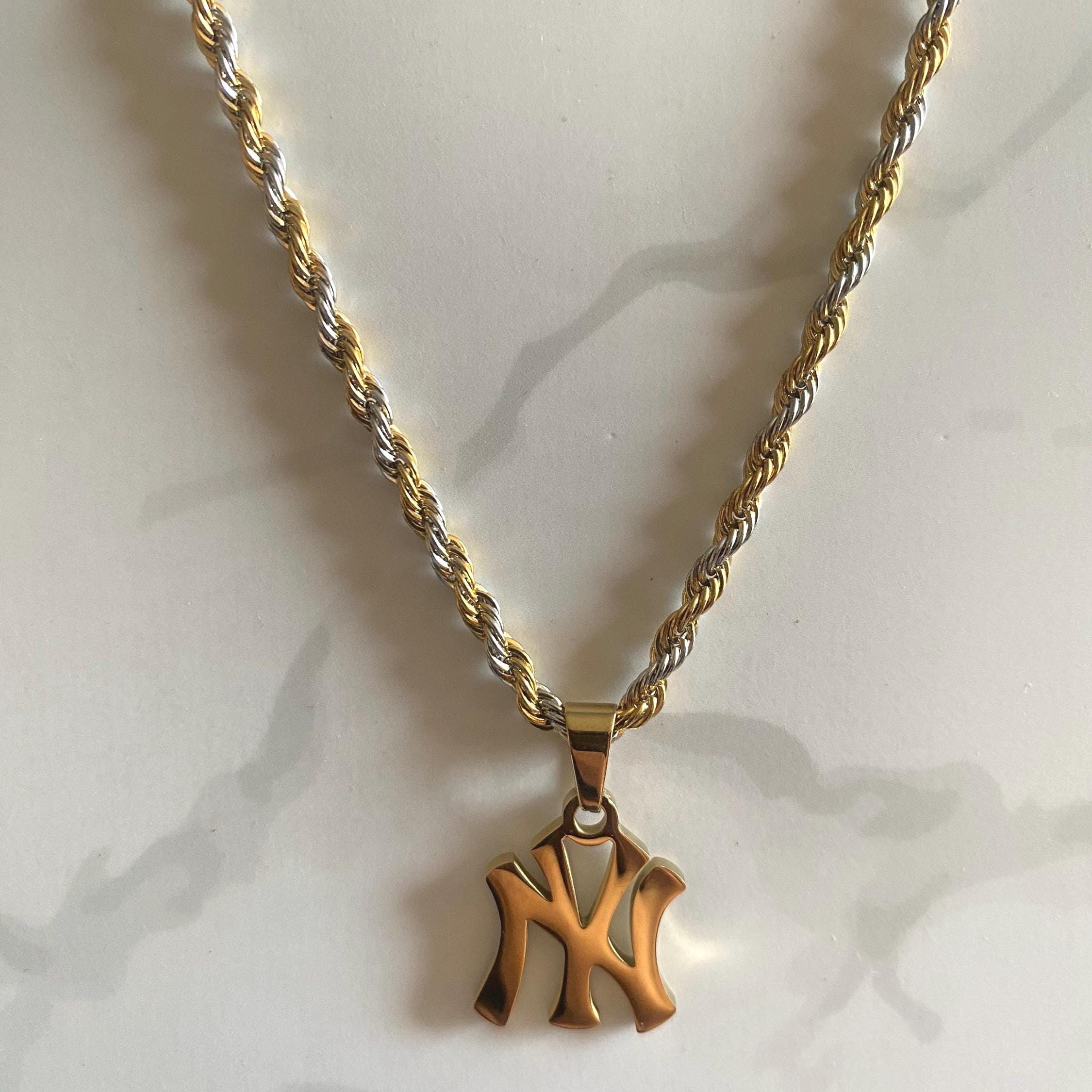 NY Yankees Necklace - 18K Gold Pendant with Two-Tone Rope Chain | Unisex Waterproof, Tarnish-Free Baseball Charm by Grisé NYC, image size:2250x2250