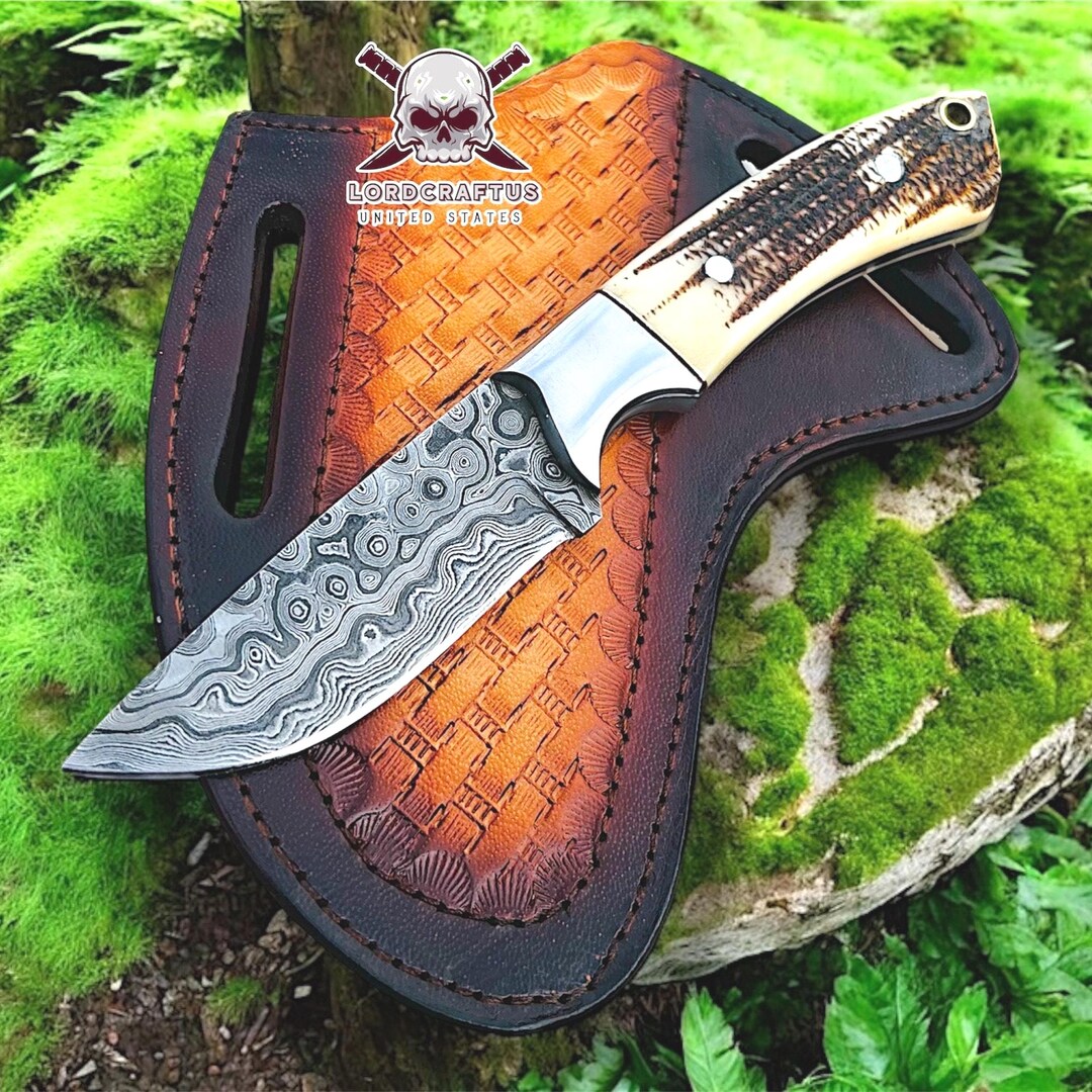 Artisan Crafted Damascus Steel Bull Cutter Knife with Leather Sheath
