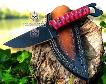 Cuchillo de caza vikingo personalizado y hecho a mano: hoja de acero al carbono, mango de madera de pakka y funda de cuero.