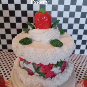 Strawberry Cake, Faux/Fake Bake, Mini Cake, Strawberry home decor, tier tray, summer decor, place settings, gifts, food props, displays.