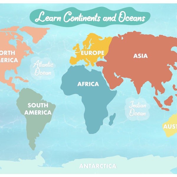 7 Continents & Oceans, Continents of the World, Montessori Materials Printable, World Map And Oceans, Learn Continents, Learn Oceans
