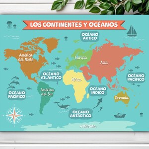 Los 7 continentes y océanos, los continentes del mundo para niños, Matériaux imprimables Montessori, carte du monde et océans, Continents d'apprentissage
