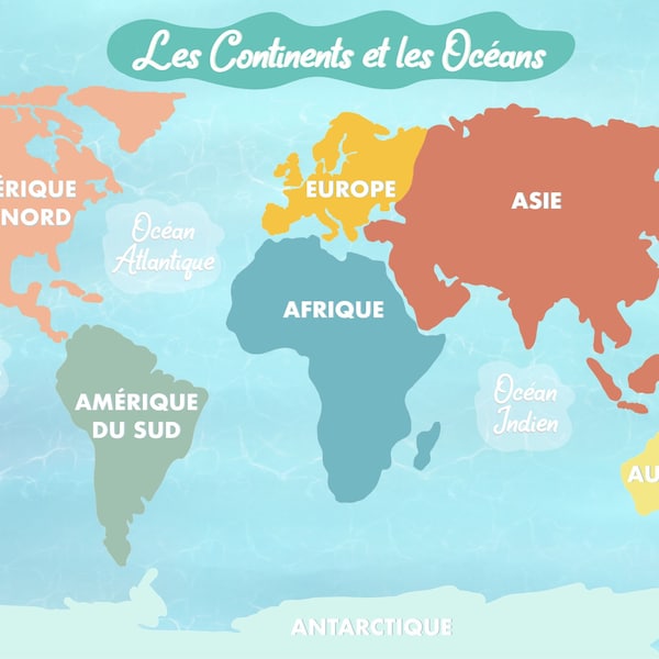 7 Continents et Océans, Continents du Monde, Montessori Materials Printable, World Map And Oceans, Learn Continents, Learn Oceans