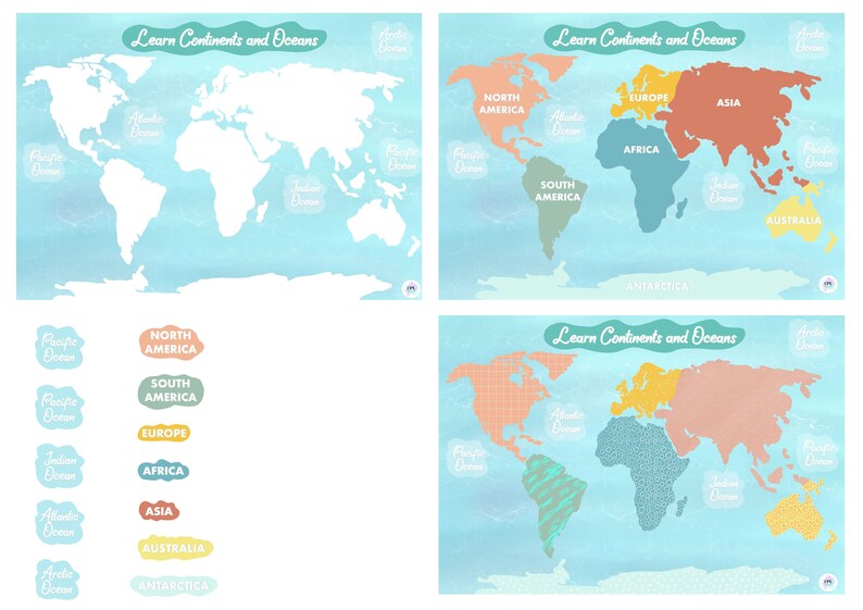 7 Continents &amp; Oceans, Continents of the World, Montessori Materials Printable, World Map and ...