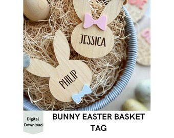 Etiqueta de cesta de conejito con lazo y pajarita, archivo SVG de etiqueta de cesta de Pascua, archivo SVG de Pascua, archivo de Pascua listo para láser