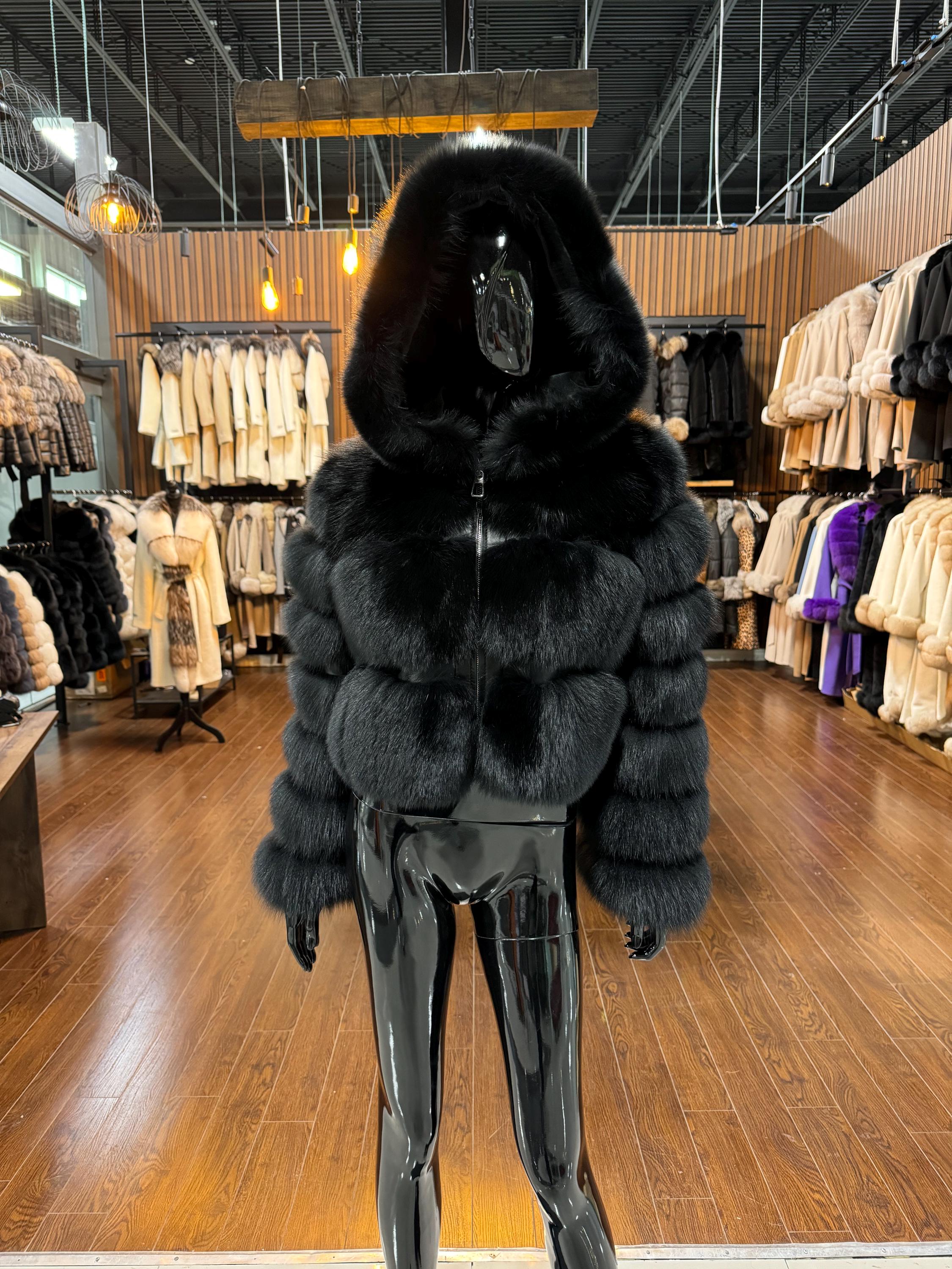 Women's Black Fox Fur Jacket ,Hooded Fox Fur Women's Jacket
