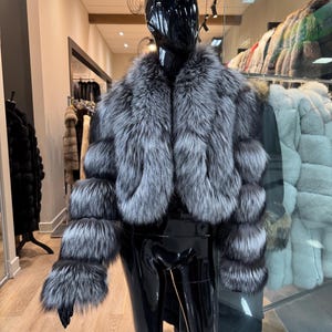 Chaqueta de piel de zorro plateado real: abrigo de invierno para mujer