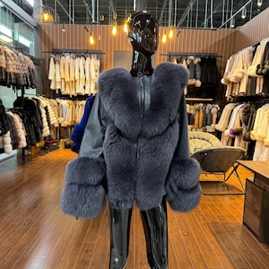 Blue Real Fox Fur and Genuine Leather Jacket