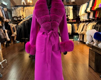 Pink Fox Fur Cashmere coat ,Woman Fur Coat, pink fur coat
