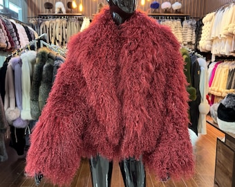 Handmade Red Tibetan Lamb Fur Jacket – Luxury Women's Coat