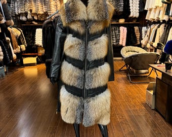 Genuine Fox Fur & Leather Coat - Women's Winter Jacket