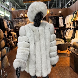 Handmade White Fox Fur Jacket: Natural Leather Joints