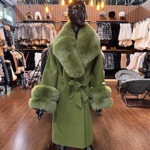 Luxury Women's Fox Collar Coat, Cashmere Fabric Fox Collar Coat,Fox Fur Coat