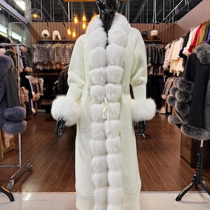 Genuine White Fox Fur Detailed Knit Long Coat – Exclusive Design