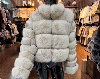 Beige vossenbontjas: luxe leren damesjas