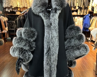 Real Fox Fur and Cashmere Poncho
