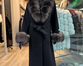Black Cashmere Coat: Sable Fox Fur Collar, Elegant Woman's Overcoat