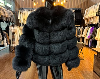 Black Fox Fur Jacket | 100% Genuine Fox Fur | Real Leather Details | Luxury Winter Coat for Extreme Cold -30