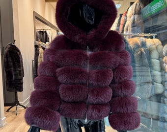 Red Fox Fur Hooded Jacket: Canadian Genuine Fur Cape, Leather Belt