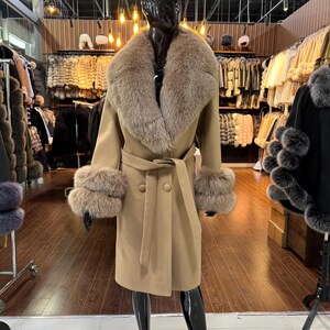 Luxury Women's Fox Collar Coat, Cashmere Fabric Fox Collar Coat,Fox Fur Coat