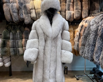 Weißer Pelzmantel für Damen, 110 cm langer, luxuriöser Wintermantel, elegante, warme Statement-Jacke, handgefertigte Damenoberbekleidung