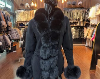 Genuine Black Fox Fur Detailed Knit Cardigan – Exclusive Design
