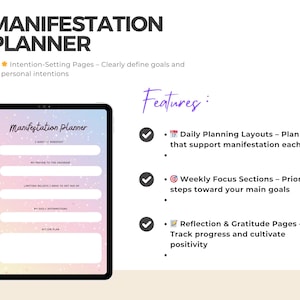 Może przedstawiać: Cyfrowy planer manifestacji na tablecie z czarną ramką. Planer zawiera sekcje do ustalania intencji, planowania codziennego, cotygodniowego skupienia i refleksji. Tekst na ekranie brzmi "Manifestation Planner". Obraz zawiera również tekst "Features".
