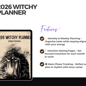 Agenda digitale Witchy 2026 / Agenda delle manifestazioni con collegamento ipertestuale / Diario del ciclo lunare, degli incantesimi e dei tarocchi / PDF per iPad o Android