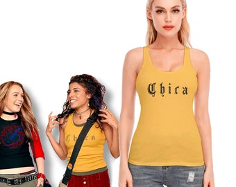 May include: Three women wearing tank tops. The woman in the center is wearing a yellow tank top with the word "Chica" printed in black. The woman on the left is wearing a black tank top with a red graphic. The woman on the right is wearing a yellow tank top with a black graphic.