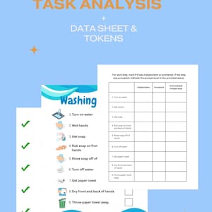 May include: A washing hands task analysis data sheet and tokens set. The document features a step-by-step guide for hand washing with icons and a corresponding grid for tracking independent or prompted performance of each task step.