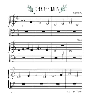 Może przedstawiać: Nuty do tradycyjnej kolędy "Deck the Halls". Muzyka jest zapisana w kluczu wiolinowym i zawiera słowa "Fine" i "D.C. al Fine".