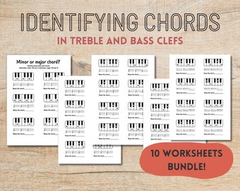 Identifying chords - piano worksheet in treble and bass clef