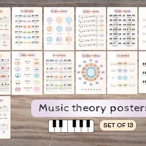 May include: A set of 13 printable music theory posters with colorful illustrations and text. The posters cover topics such as bass clef, treble clef, intervals, note values, chord formulas, circle of fifths, dynamics, piano chords, piano notes, tempos, and modes. The posters are designed to help musicians learn and understand music theory.